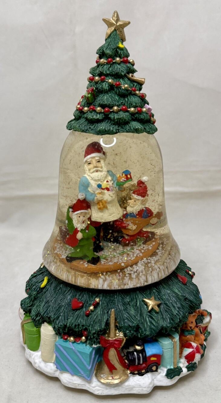 Christmas Tree Bell-Shaped Snow Globe Santa’s Workshop w/Elves, Toys, Presents